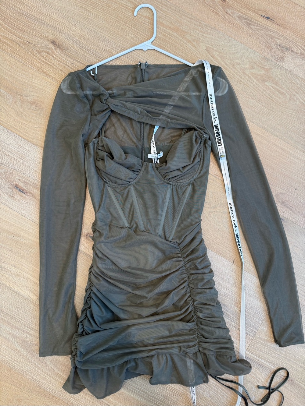 Olive Long-Sleeve Ruched Mesh Mini Dress